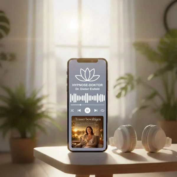 Digitales Mockup des Audio-Downloads zur Trauerbewältigung auf einem Smartphone neben einer Kerze.