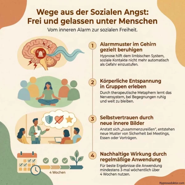 Medizinische Infografik zur Beruhigung der Amygdala und Reduktion von sozialen Ängsten im Gehirn durch klinische Hypnose.