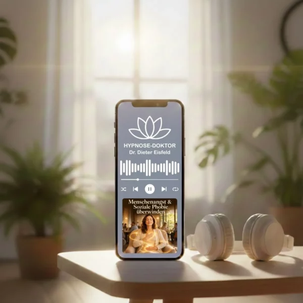 Digitales Mockup des Audio-Downloads gegen soziale Ängste auf einem Smartphone mit dezenten, kabellosen Kopfhörern.