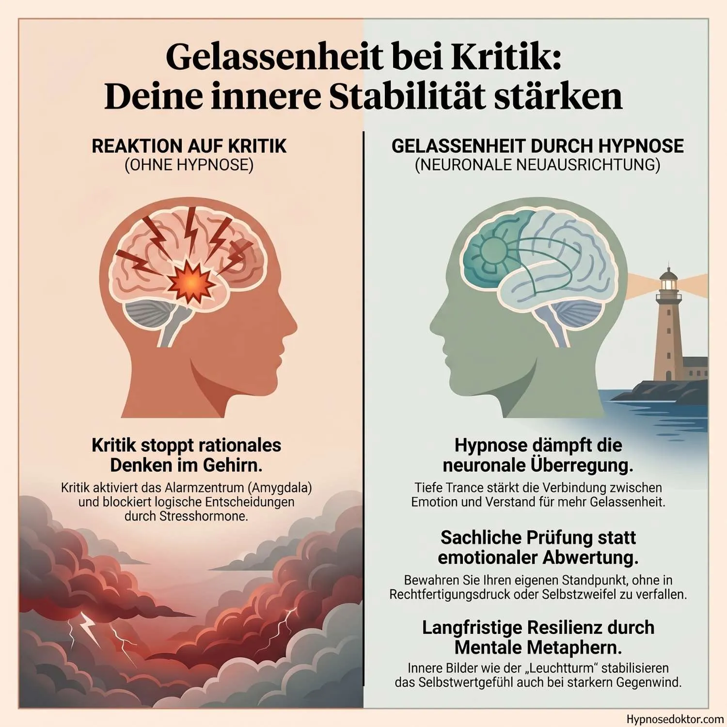 Medizinische Infografik zur Dämpfung der Amygdala-Reaktion bei Kritik durch klinische Hypnosetherapie und Trance.