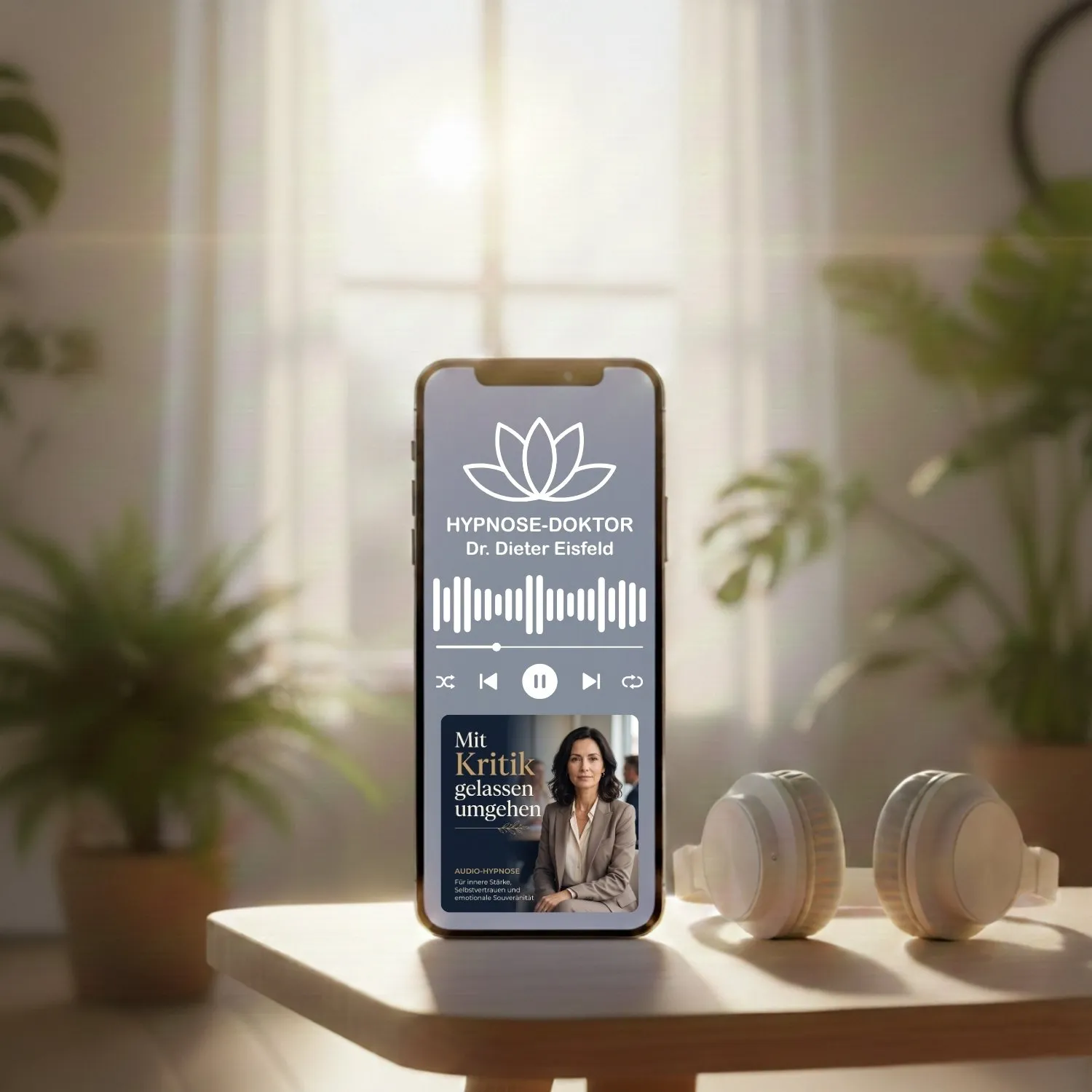 Digitales Mockup des Hypnose-Audio-Downloads für mehr emotionale Stabilität auf einem Smartphone mit kabellosen Kopfhörern.