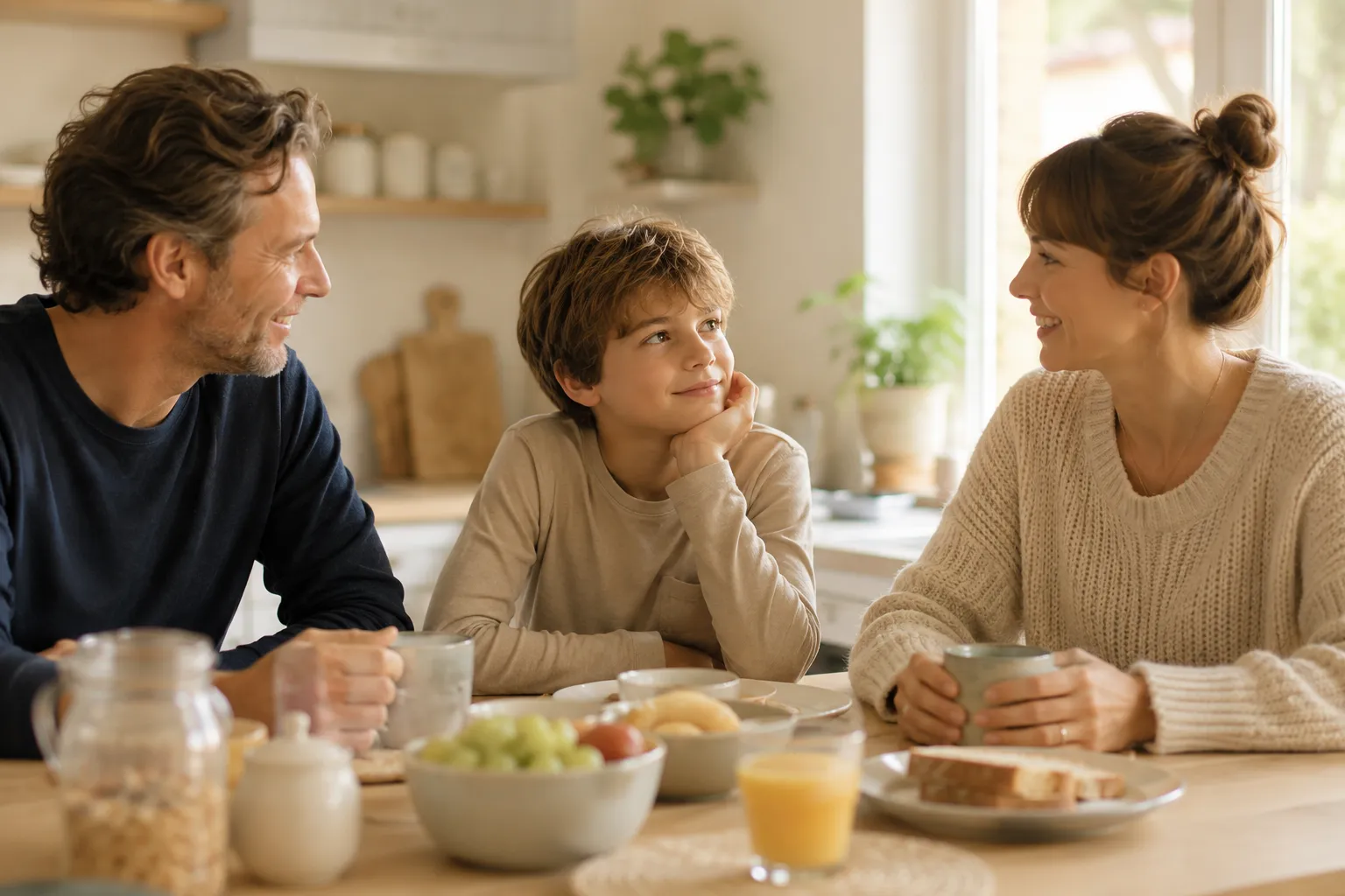 Familie sitzt entspannt am gedeckten Frühstückstisch, ein Kind schaut nachdenklich – Unterschied zwischen wählerischem Essen und ARFID