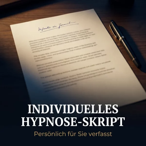 Aufgeschlagenes Hypnose-Skript mit handschriftlicher Widmung und Füllfederhalter auf einem Schreibtisch