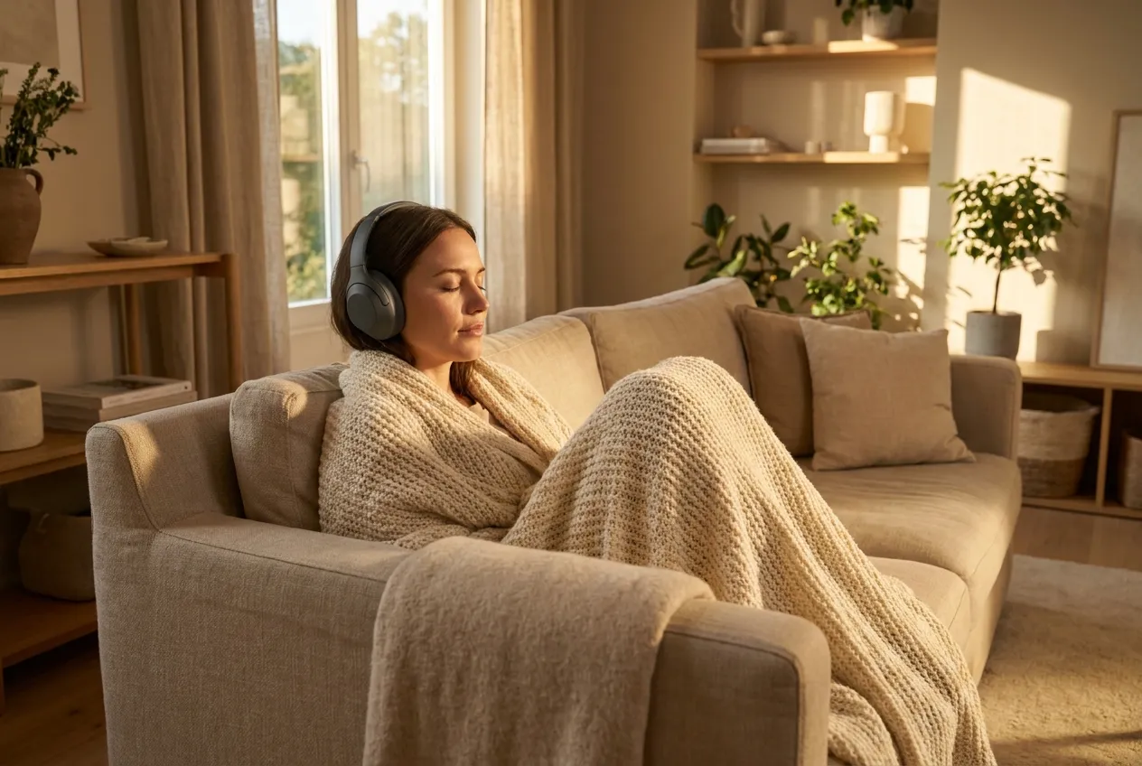 Frau liegt entspannt mit Kopfhörern und geschlossenen Augen unter einer Decke – innere Stabilität mit Audio-Hypnose stärken