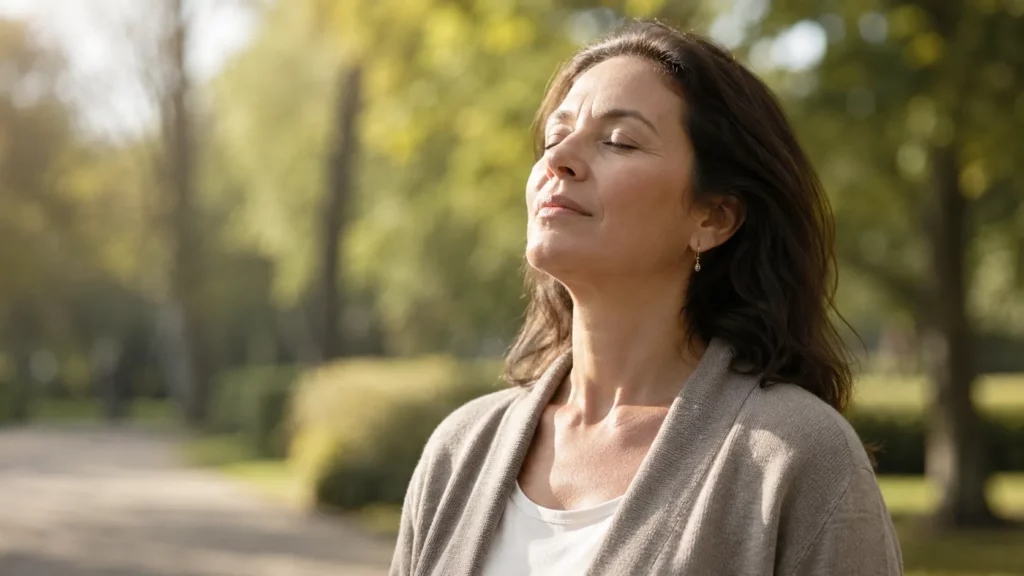 Frau macht im Morgenlicht draußen eine Pause und atmet tief durch – körperliche und psychische Regeneration im Alltag