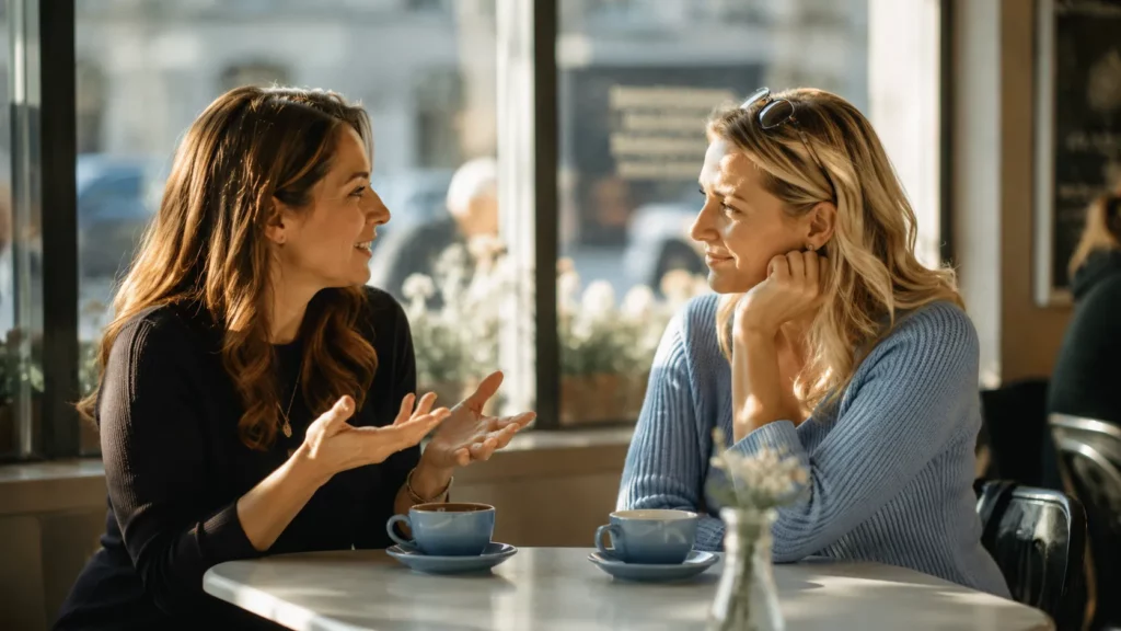 Zwei Frauen im vertrauten Gespräch an einem hellen Tisch, eine mit offener Handgeste – Körpersprache deuten und verstehen