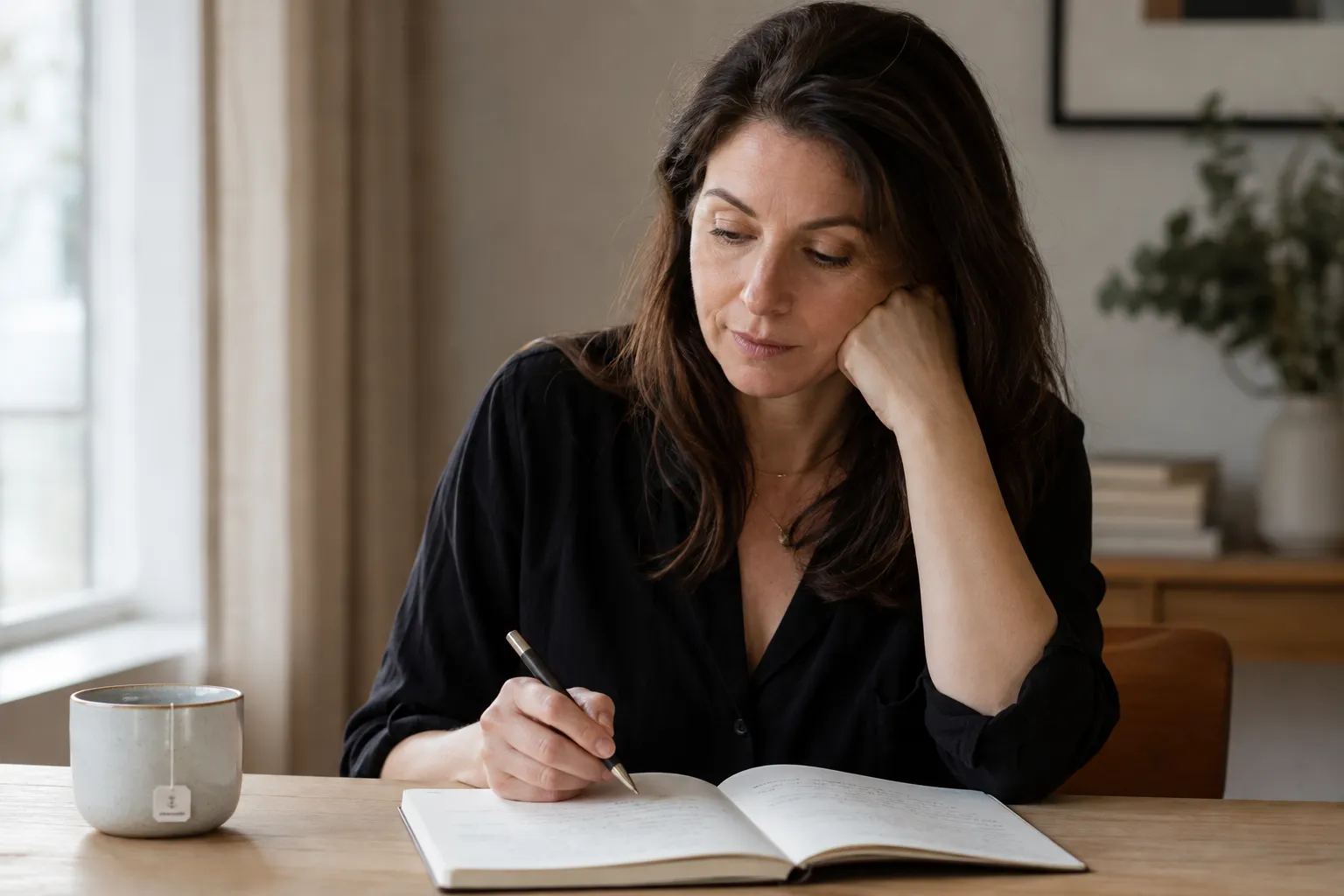 Frau sitzt mit Notizbuch und Stift am Tisch und geht Fragen durch – Fragebogen zur Selbstreflexion