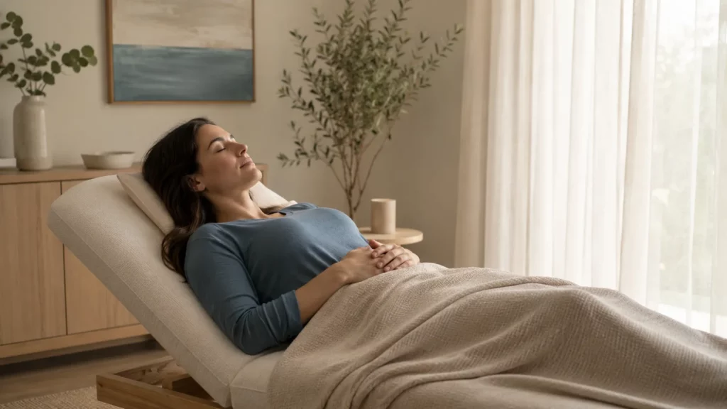 Frau liegt entspannt mit geschlossenen Augen auf einer Liege in einem hellen Raum – Erfahrungen mit Quantenheilung einordnen