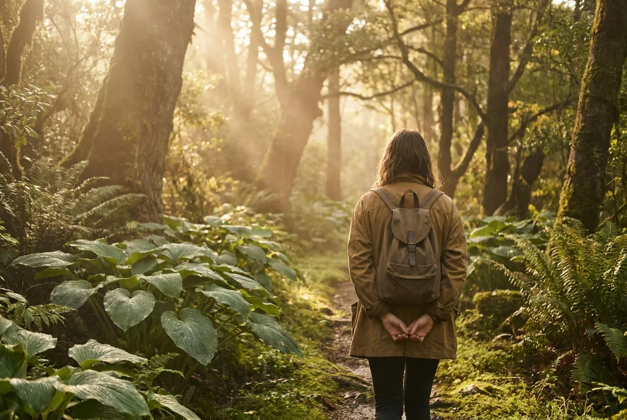 Frau geht ruhig auf einem grünen Waldweg im Morgenlicht – mögliche Ursachen der Trypophobie als alter Warnreflex