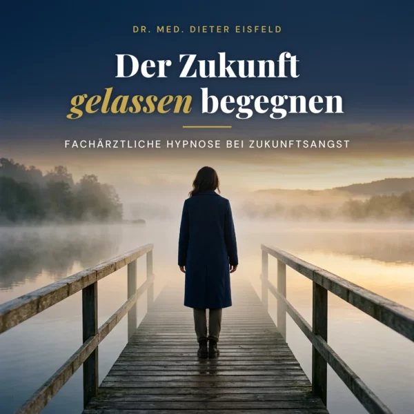 Frau auf einem Steg im Morgennebel blickt ins goldene Licht – Cover der Audio-Hypnose bei Zukunftsangst von Dr. Eisfeld