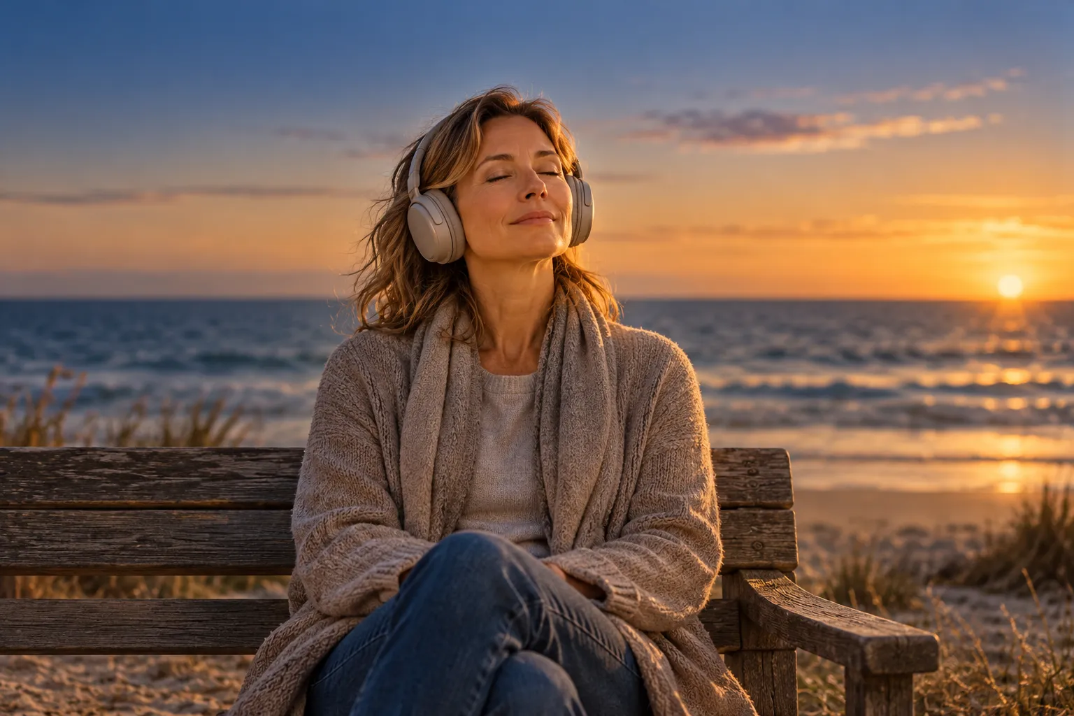 Frau sitzt mit Kopfhörern und geschlossenen Augen aufrecht auf einer Bank am Meer – Hypnose für mehr innere Sicherheit