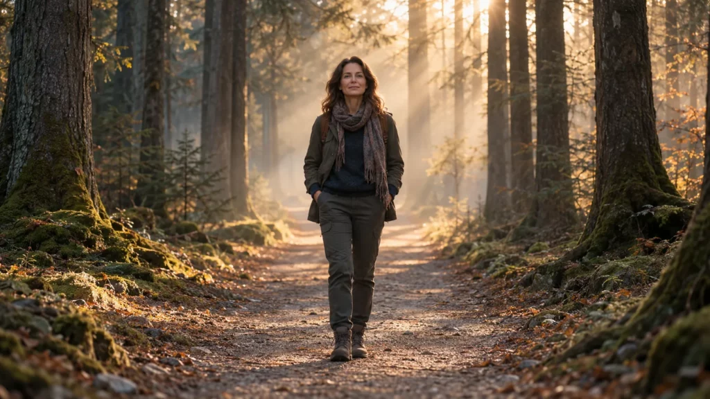 Frau steht ruhig auf einem breiten Waldweg zwischen alten Bäumen – innere Sicherheit statt Angst vor Kontrollverlust