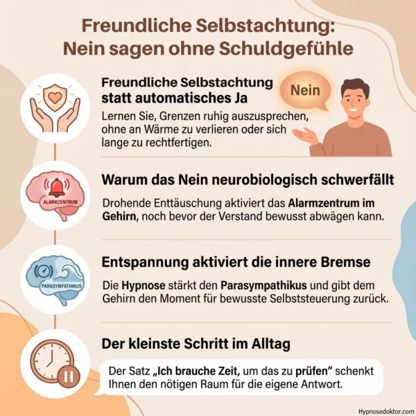 Infografik: warum ein Nein schwerfällt – Alarmzentrum im Gehirn, Parasympathikus und der Satz „Ich brauche Zeit“