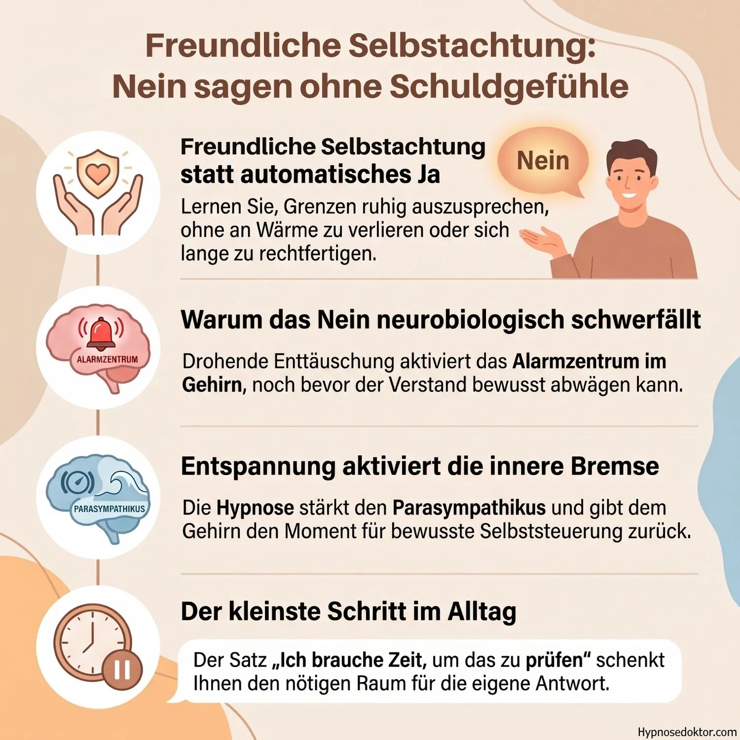 Infografik: warum ein Nein schwerfällt – Alarmzentrum im Gehirn, Parasympathikus und der Satz „Ich brauche Zeit“