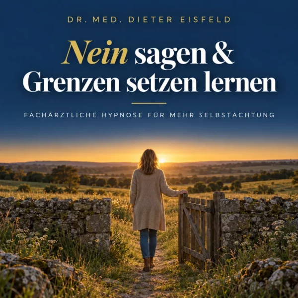 Frau an einem offenen Gartentor im Abendlicht – Cover der Audio-Hypnose zum Nein sagen von Dr. Eisfeld