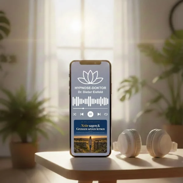 Smartphone mit Kopfhörern in ruhiger Umgebung zeigt den Audio-Download der Hypnose zum Nein sagen und Grenzen setzen