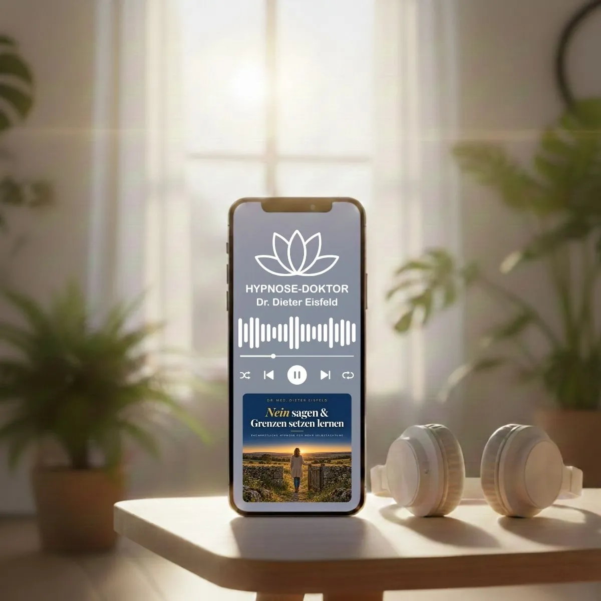 Smartphone mit Kopfhörern in ruhiger Umgebung zeigt den Audio-Download der Hypnose zum Nein sagen und Grenzen setzen