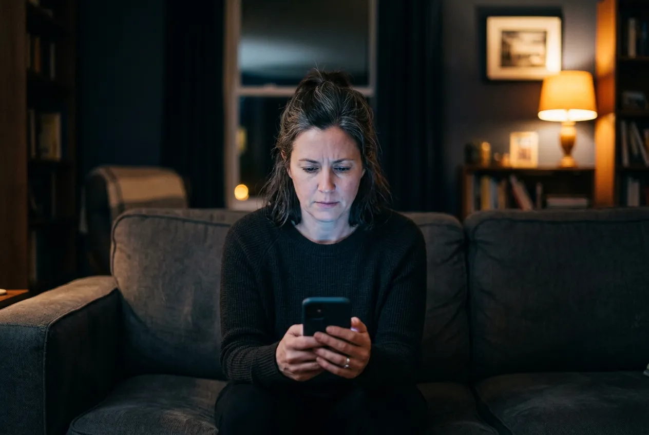 Frau liest abends auf dem Sofa Nachrichten auf dem Handy – wenn Dauersorgen und Zukunftsangst die Stimmung prägen